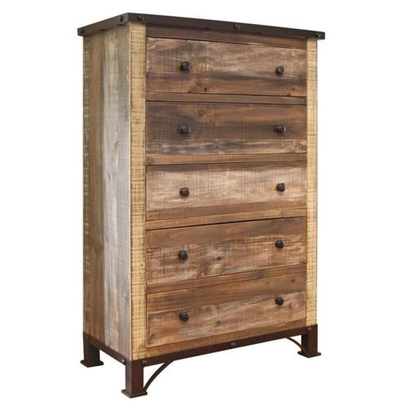 36 in. Solid Wood Five Drawer Chest, Brown