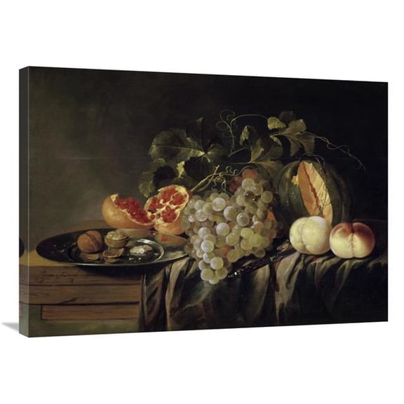 36 in. Still Life of a Melon on a Pewter Plate & Peaches Art Print - Jasper Gerardi