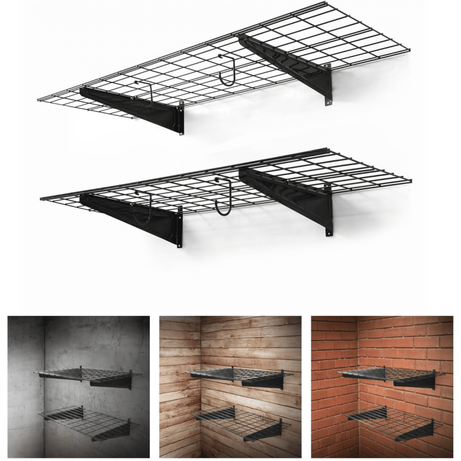 36 in. W x 18 in. D Wall Mounted Garage Wall Shelving w/ 2 Hooks Black