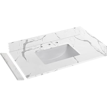 36 in.W x 22 in.D Quartz Vanity Top,with Undermount Middle Sink Vanity Top,with Two Sidesplash & One Backsplash,8 Inch Faucet Hole Widespread Bathroom Vanity Sink Countertop