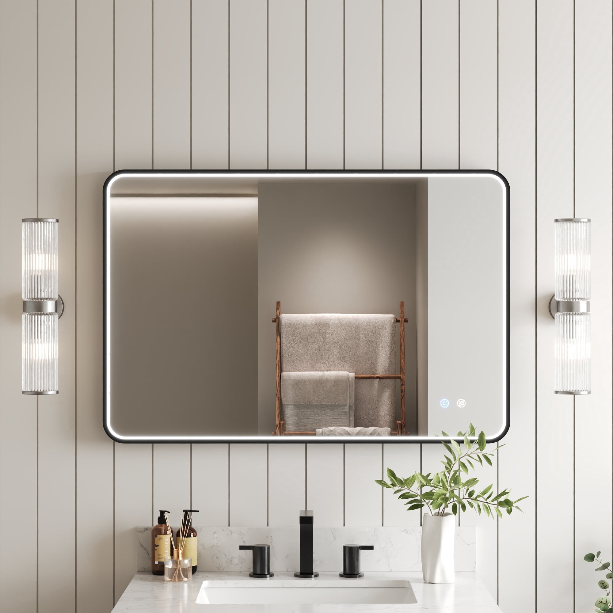 36 in. W x 24 in. H Rectangular Framed Dimmable LED Light Anti-Fog Wall Bathroom Vanity Mirror in Black