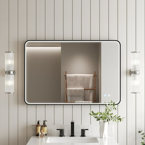 36 in. W x 24 in. H Rectangular Framed Dimmable LED Light Anti-Fog Wall Bathroom Vanity Mirror in Black