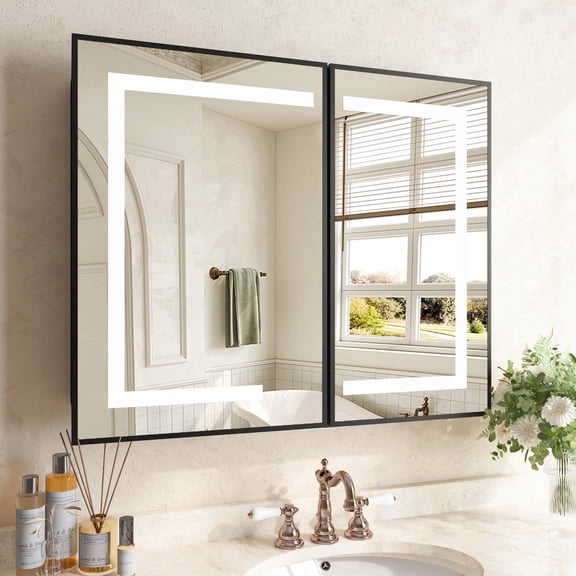 36 in. W x 30 in. H Black LED Lighted Bathroom Medicine Cabinet Tempered Glass
