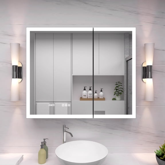36 in. W x 30 in. H Medicine Cabinet with Mirror LED and Clock, Rectangular Silver Aluminum Recessed/Surface Mount, ACE