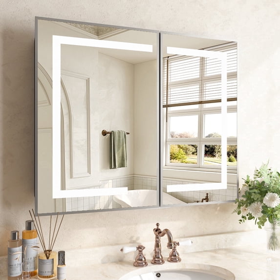 36 in. W x 30 in. H Silver LED Lighted Bathroom Medicine Cabinet Tempered Glass