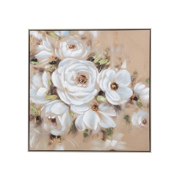 36 in. White Blossom Roses & Framed Canvas Hand Painted Wall Art, Pink, Ivory & Beige