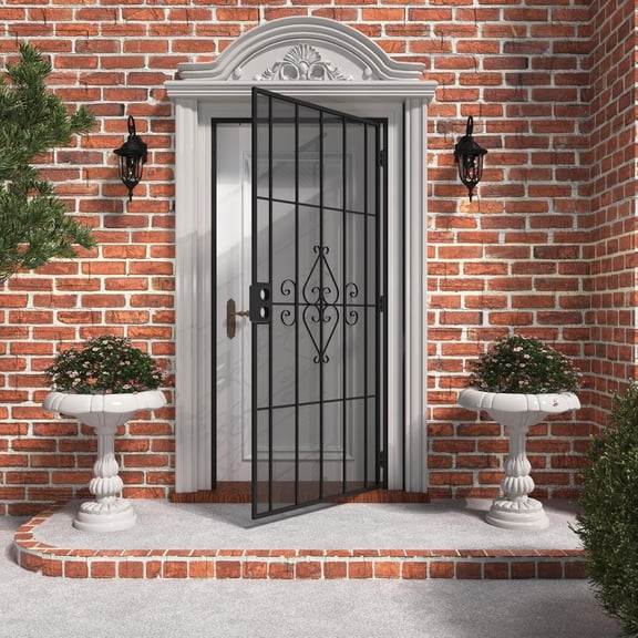 36 in. x 80 Security Screen Door, Reversible Powder Coated Black Surface Mount Outswing Steel Door with Expanded Metal Screen, Prehung Exterior Doors, Durable&Safe