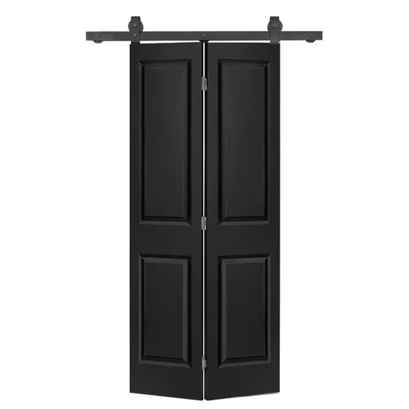 36 in. x 80 in. 2 Panel Black Painted MDF Composite Bi-Fold Barn Door with Sliding Hardware Kit