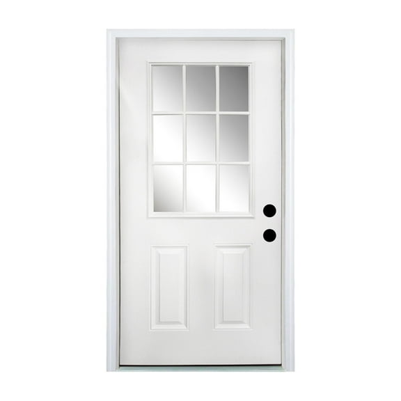 36 in" x 80 in" 2 Panel Left-Hand 9 Lite Clear Glass White Primed Fiberglass Front Door Slab with Frame,Threshold,Hinge