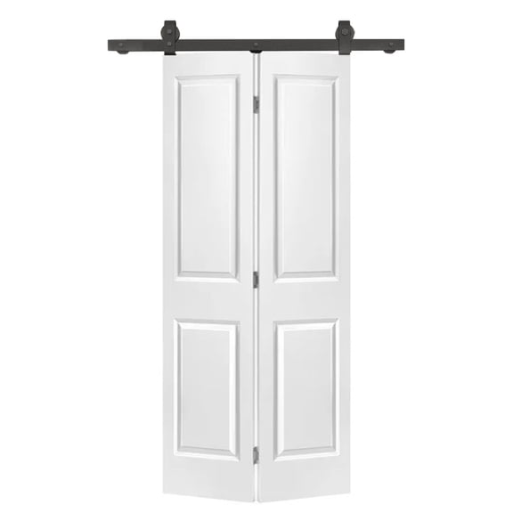 36 in. x 80 in. 2 Panel Primed MDF Composite Bi-Fold Barn Door with Sliding Hardware Kit