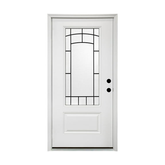 36 in" x 80 in" Left-Hand 2-Panel 9-Lite Frosted Glass White Primed Fiberglass Front Door Slab with Frame, Threshold, Hinge