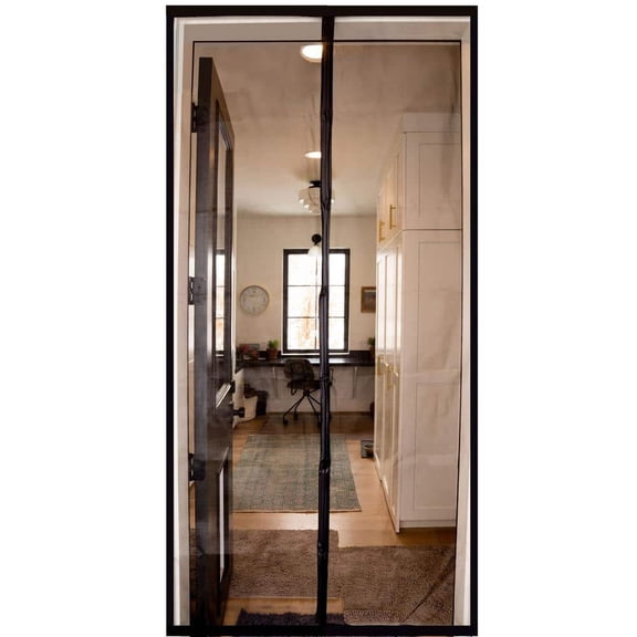 36 in. x 83 in. Black Trim Flame Resistant Fiberglass Mesh Magnetic Screen Door with Extra Wide Header and Storage bag