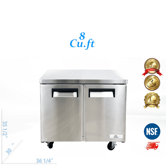 36 inch 8 cu.ft, 35 1/2" heigh Commercial Undercounter  refrigerator, 2 Solid Doors, stainless steel exterior, NSF certified.
