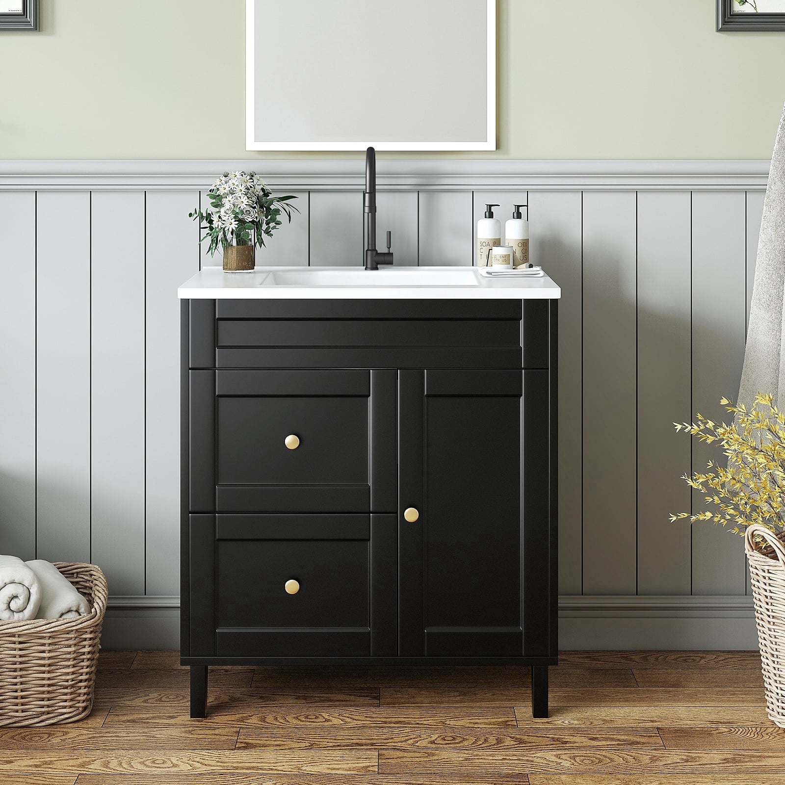 36-inch Bathroom Dressing Table with Sink, Modern Bathroom Washbasin Cabinet with 2 Drawers and 1 Door, Bathroom Storage Dressing Table with Netal Handle, Black