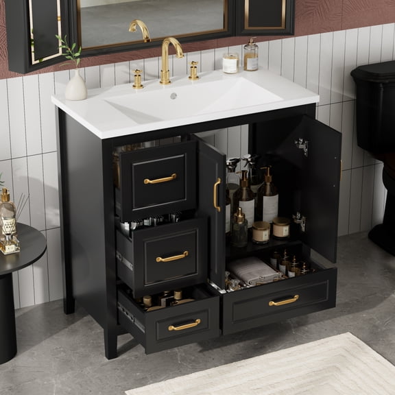 36 inch Bathroom Vanity with Sink Combo, Freestanding Single Sink Cabinet Set with 4 Soft Closing Drawers and 2 Soft Close Doors,Gold Handles, Pre-drilled Resin Basin