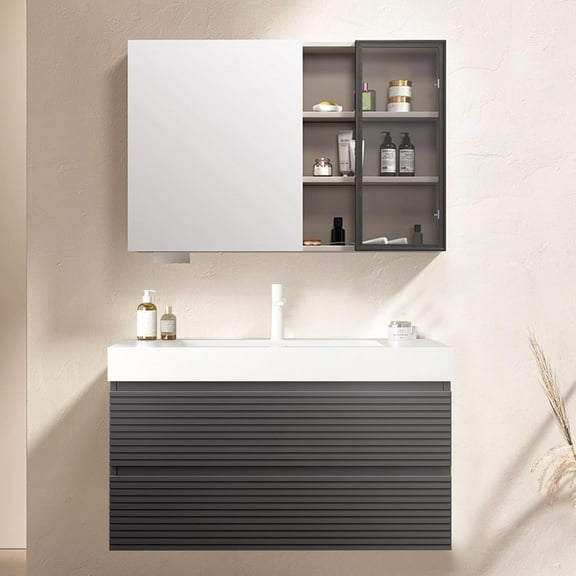 36 inch Bathroom Vanity with Sink, Floating Bathroom Vanity with Oversized undercounter Basin and 2 Spacious Drawers, Soft Closing, Solid Wood Design, Gray