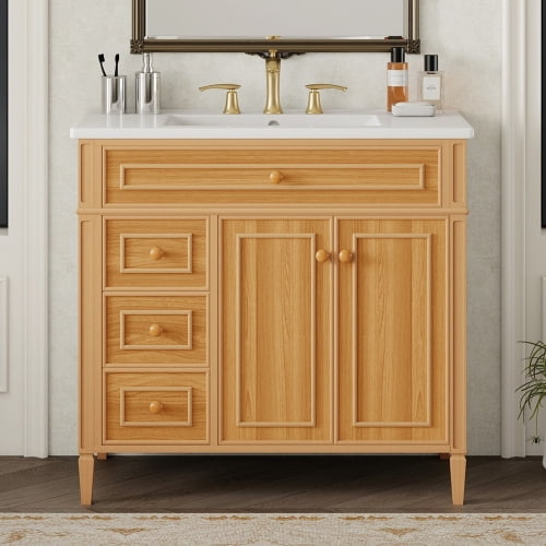 36 inch Bathroom Vanity with Sink, Modern Wood Vanity Cabinet with Flip-Out Drawer and Soft-Close Doors, 3 Drawers Storage for Bathroom Organization, Natural Wood