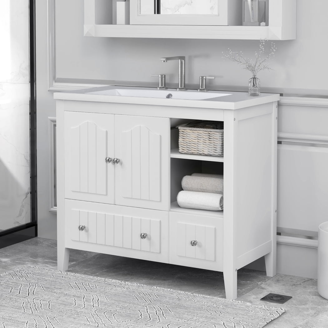 36 inch Bathroom Vanity with Sink, Bathroom Sink Vanity with Adjustable Cabinet and 2 Open Shelevs, Built-in 2 Drawers and Soft Closing Doors, Freestanding Bathroom Vanity Cabinet for Bathroom, White