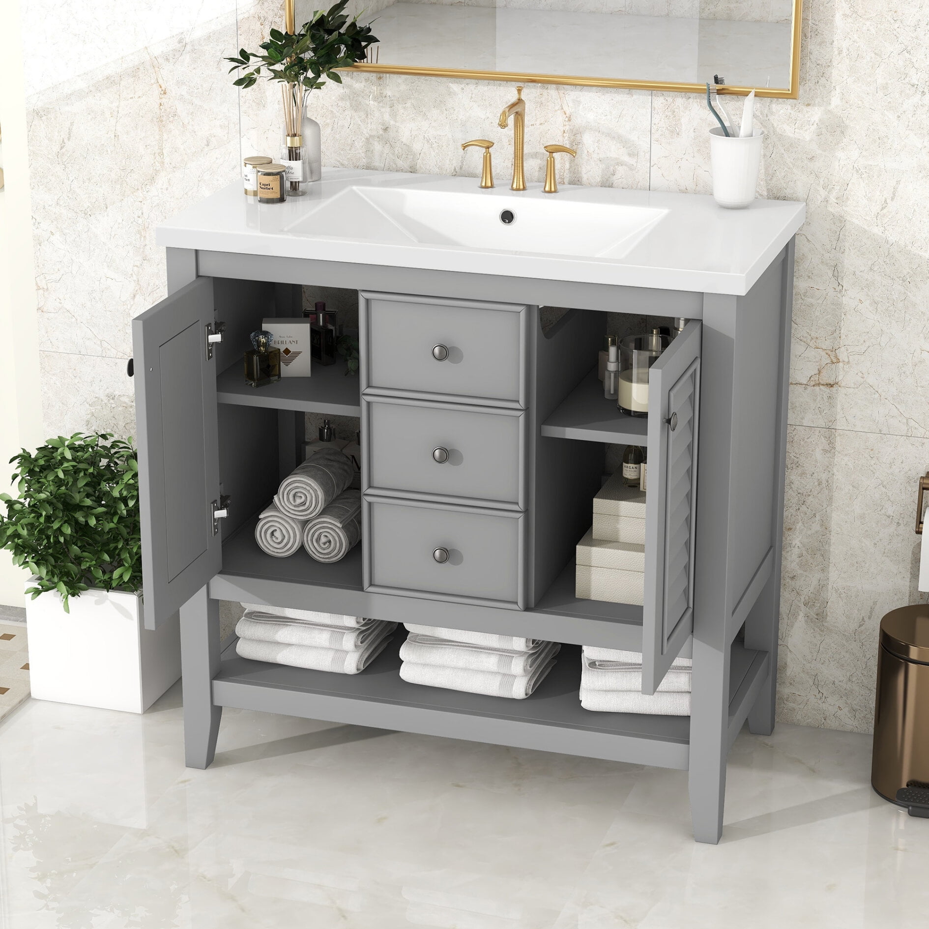 36 inch Grey Freestanding Bathroom Vanity with Sink, Adjustable