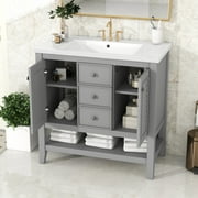36 inch Bathroom Vanity with Sink, Bathroom Sink Vanity with Adjustable Cabinet and Open Shelf, Built-in 2 Drawers and Soft Closing Doors, Freestanding Bathroom Vanity Cabinet for Bathroom, Grey
