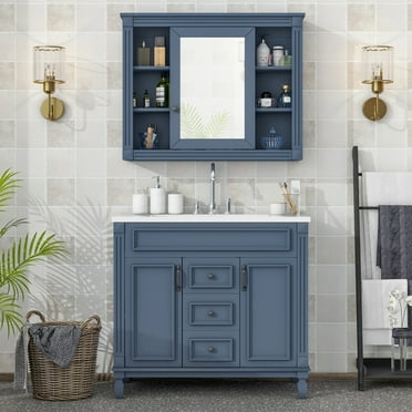 36 inch Bathroom Vanity with Sink, Bathroom Sink Vanity with Sink Combo and Mirror Cabinet, Built-in 2 Soft Closing Doors and 2 Drawers, Freestanding Bathroom Vanity Cabinet for Bathroom, Blue