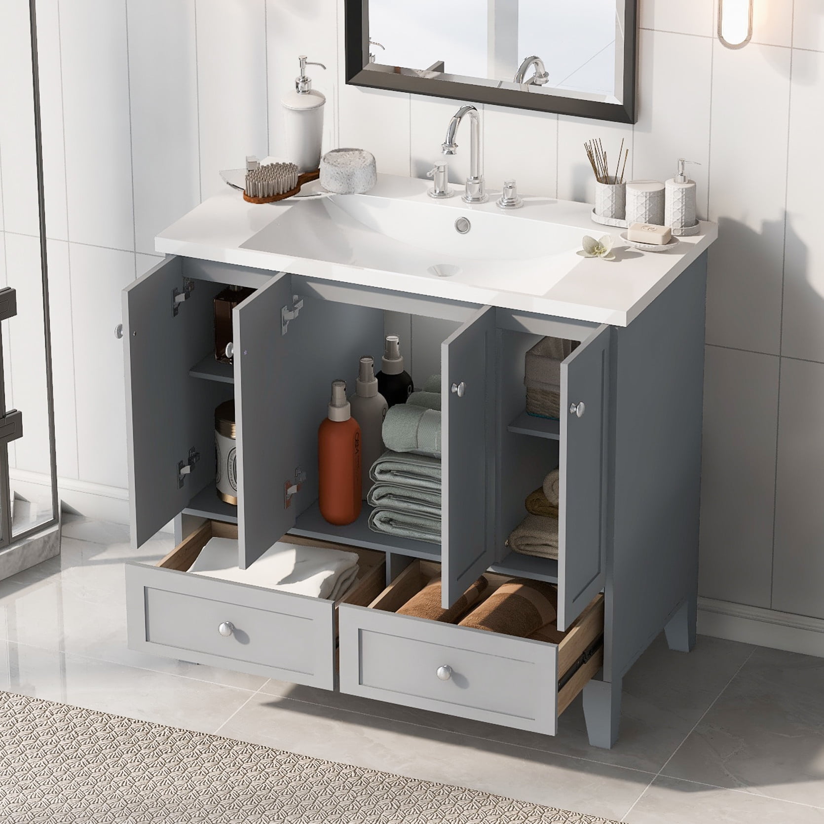 36 inch Bathroom Vanity with Sink, Bathroom Vanities with 3 Storage Cabinet  and 2 Drawers, Built-in Solft Closing Door, Freestanding Bathroom Sink  Cabinet, Bathroom Vanity Cabinet for Bathroom, Grey - Walmart.com, image size:1670x1670