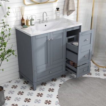 30 Inch Bathroom Vanity With Sink, Wall Mounted Floating Bathroom Vanity 2 Drawers 2 Doors Built In Side Storage Shelf Floating Bathroom Vanity Sink Small
