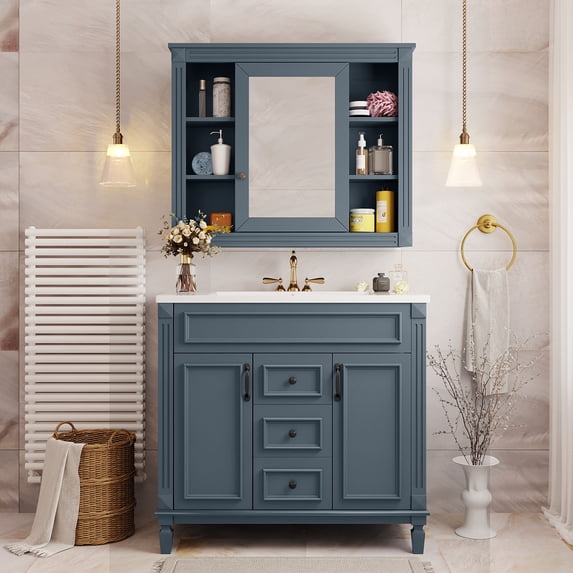 36 inch Bathroom Vanity with Top Sink, Modern Bathroom Storage Cabinet with 2 Soft Closing Doors and 2 Drawers, Single Sink Bathroom Vanity, Bathroom Furniture Set with Mirror Cabinet (Blue)