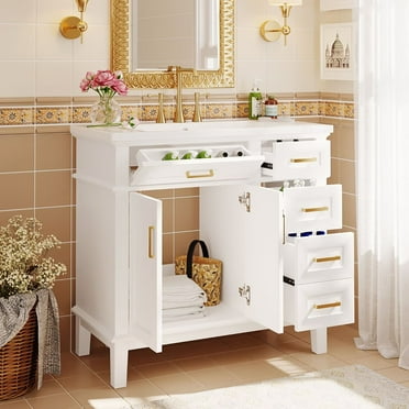 36-inch Bathroom Vanity with Resin Sink, Modern Freestanding Floor Rustic Single Combo Storage Cabinet with 2 Soft Close Doors and 4 Drawers, White