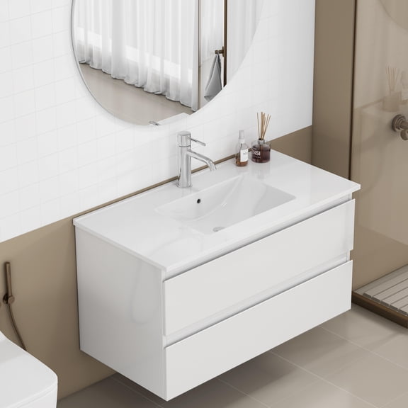 36-inch Bathroom Vanity with Sink, Modern Vanity with 2 Soft-Close Drawers, Handle-Free Glossy White Cabinet, Easy Assembly Bathroom Storage Solution