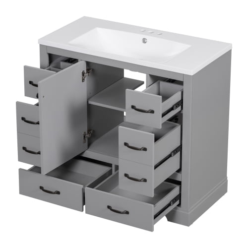 36-inch Bathroom Vanity with Sink, Modern Vanity with 6 Drawers & Adjustable Shelf, Freestanding Storage Cabinet with Drawer Divider, Grey