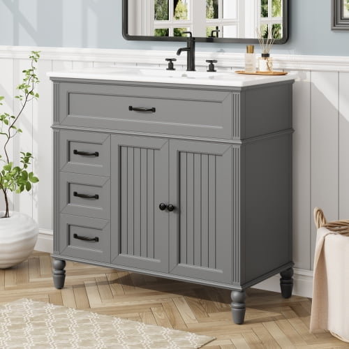 36-inch Bathroom Vanity with Sink, Vintage Style Cabinet with Soft-Close Drawers, Freestanding Storage for Bathroom Remodel, Grey