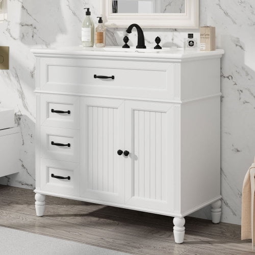 36-inch Bathroom Vanity with Sink, Vintage Style Cabinet with Soft-Close Drawers, Freestanding Storage for Bathroom Remodel, White