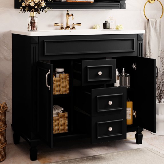 36-inch Bathroom Vanity with Smooth Metal Drawer Slides and Textured Handle for Bathroom