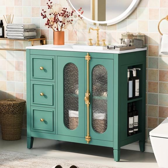 36-inch Bathroom Vanity with Solid Wood MDF Construction Translucent Glass and 3 Drawers for Bathroom Storage