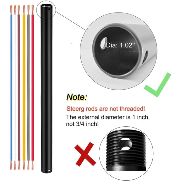 36 inch Ceiling Fan Downrod, 3 FT Extension Down Rods for Ceiling Fans, Outside Diameter 1 inch, Unthreaded, Black