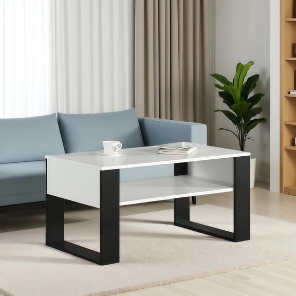 36-inch Coffee Table for Living Room with Storage Shelf, Modern Black & White Rectangular Cocktail Table