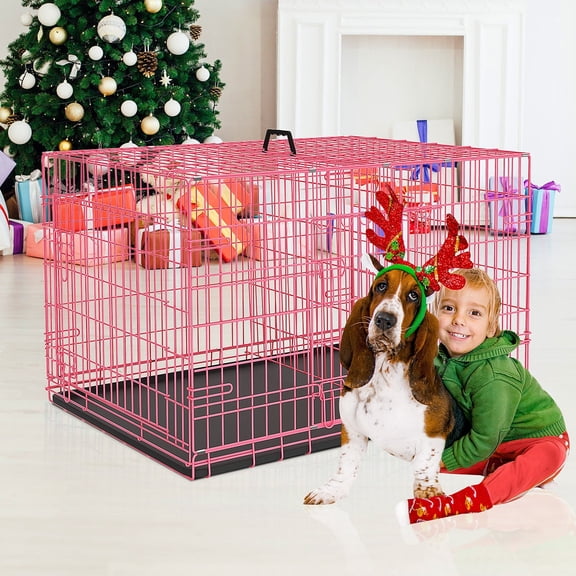 36 inch Dog Crate for Medium Small Dogs Folding Portable Metal Dog Cage Kennel Double Door Pet Crate with Divider and Tray, Pink