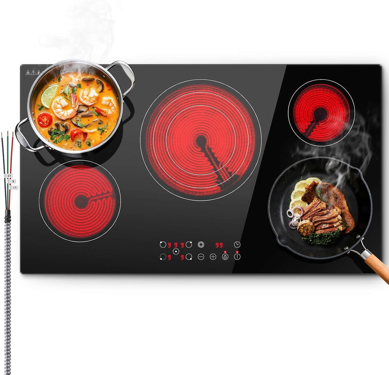 36 inch Electric Cooktop 5 Burners 9000W Built-in Glass Ceramic Electric Stove Top with Touch Control 9 Power Levels Child Lock Triple-Ring Zone 240V Hardwired for Kitchen Countertop 36"