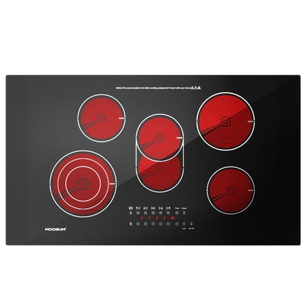 MOOSUM 36-inch Electric Cooktop with 5 Burners & Griddle - 9 Power Levels, Rapid Even Heating for Frying/Boiling, Ceramic Glass Surface, Child Safety Lock, 220-240V (No Plug)
