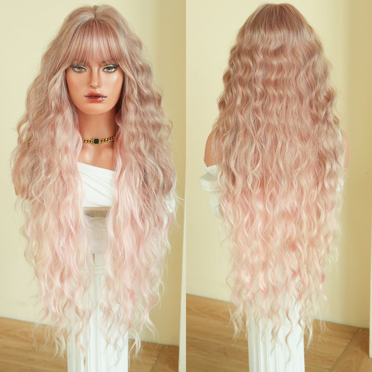 36-inch Extra Long Women's Wavy Curl Wig with Bangs, Heat-Resistant ...