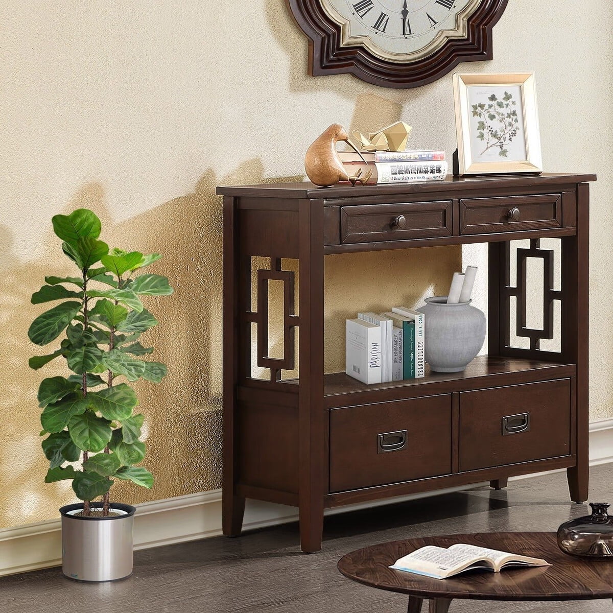36 inch Farmhouse Console Table with 4 Drawers and Storage Shelf, Wood 2 Tier Entryway Table ...