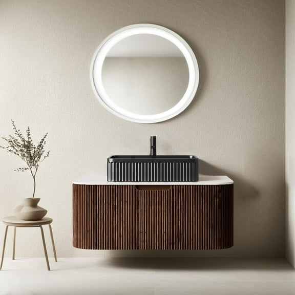 36 inch Floating Bathroom Vanity with Sink, Natural Solid Wood Modern Bathroom Vanities with Ultra-Thin Ceramic Basin and Marble Top, Soft-Close Drawer, Pre-Assembled, Walnut with Black