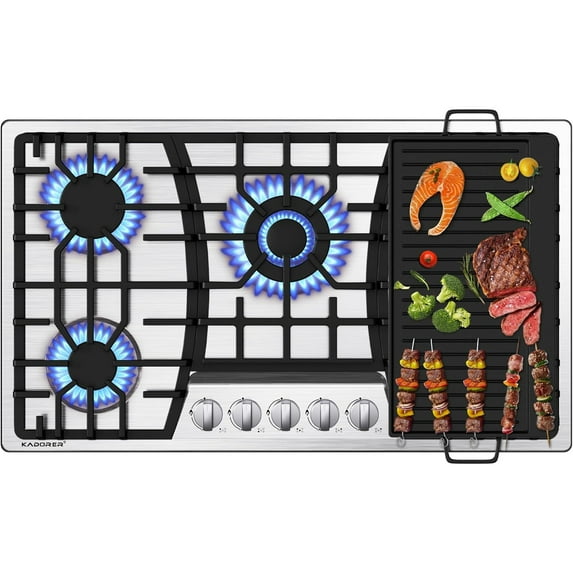 36 inch Gas Cooktop with Griddle, Bulit-in Gas Stove Top with 5 Burner, NG/LPG Convertible Cooktops, 5 Burner Propane Cooktop with Thermocouple Protection, Stainless Steel