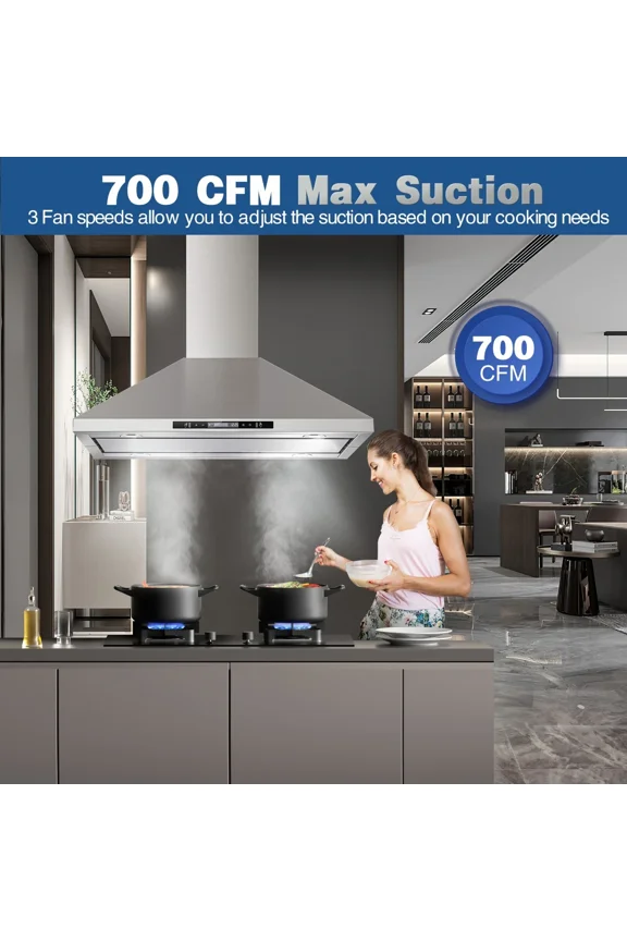 36 inch Island Range Hood 700 CFM Kitchen Vent Hood Touch Control, Gesture Sensing 3-Speed Fan