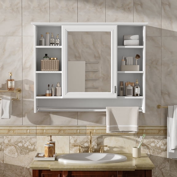 36 inch Medicine Cabinet with Adjustable Shelf & Soft Close Door, 3-in-1 Bathroom Mirror Cabinet with Towel Bar, White Solid Wood+MDF for Bathroom Vanity Storage