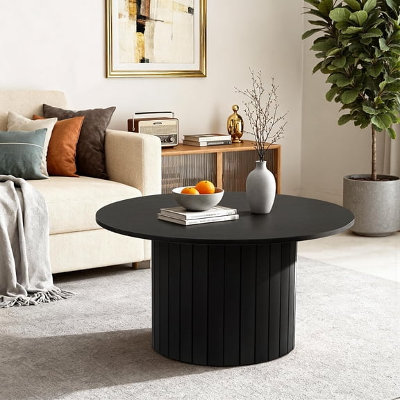 36 inch Round Dining Table for 4, Circle Kitchen Table with Wood Strip Base, Modern Farmhouse Dinner Tables for Kitchen, Living Room, Black