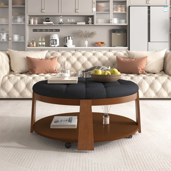 36 inch Round Ottoman Coffee Table, 2-Tier Oversized Upholstered Cocktail Tables with Wooden Storage Shelf, Button Tufted Accent Center Table for Living Room