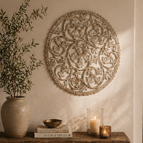 36 inch Round Wooden Handcrafted Wall Panel with Mirror Decorative Carved Wood Wall Art Floral Scroll Design Wall Dcor for Living Room, Bedroom & Entryway