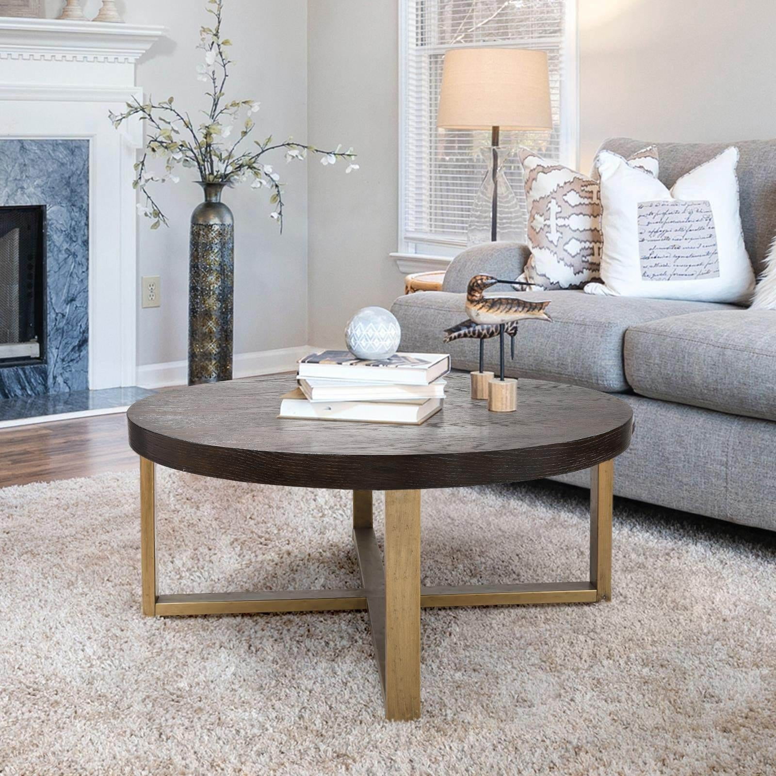 36'' Dark Brown Round Wood Coffee Table with Gold Metal Legs